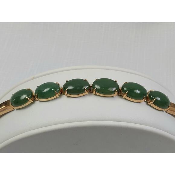 Vintage Large 14K Gold. 12.5g High Grade Green Jade. Cabochon Bracele Size 7 - Picture 1 of 16